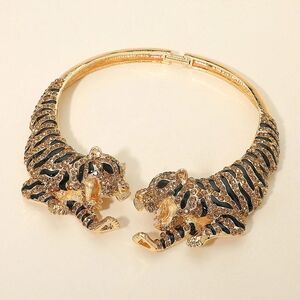 Brown Black Crystal Tiger Choker Necklace Hinged Green Eyed Animal Rhinestone